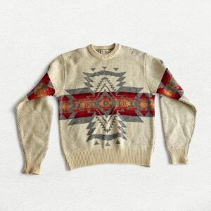 Vintage Pendleton Chief Joseph Aztec Print Wool Sweater in Cream Beige